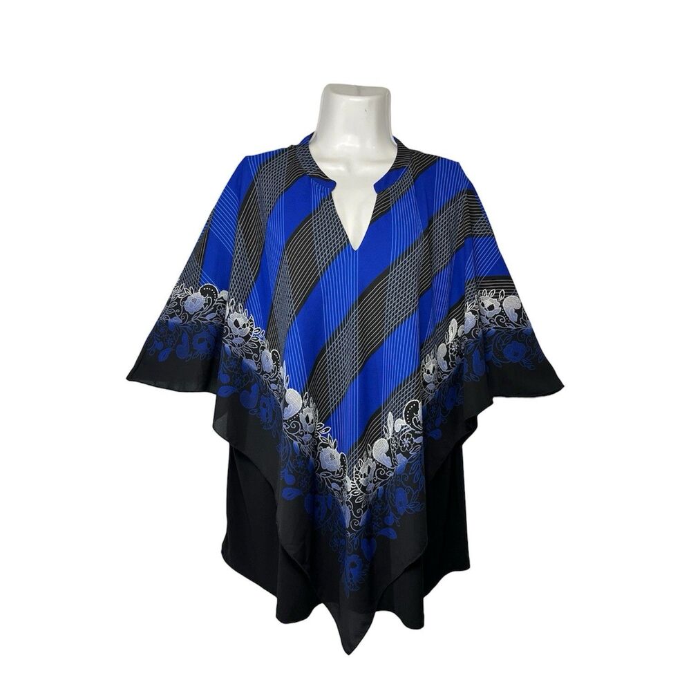 Slim Factor Plus Size Blouse 2X Poncho Overlay Top Blue Striped Floral Career